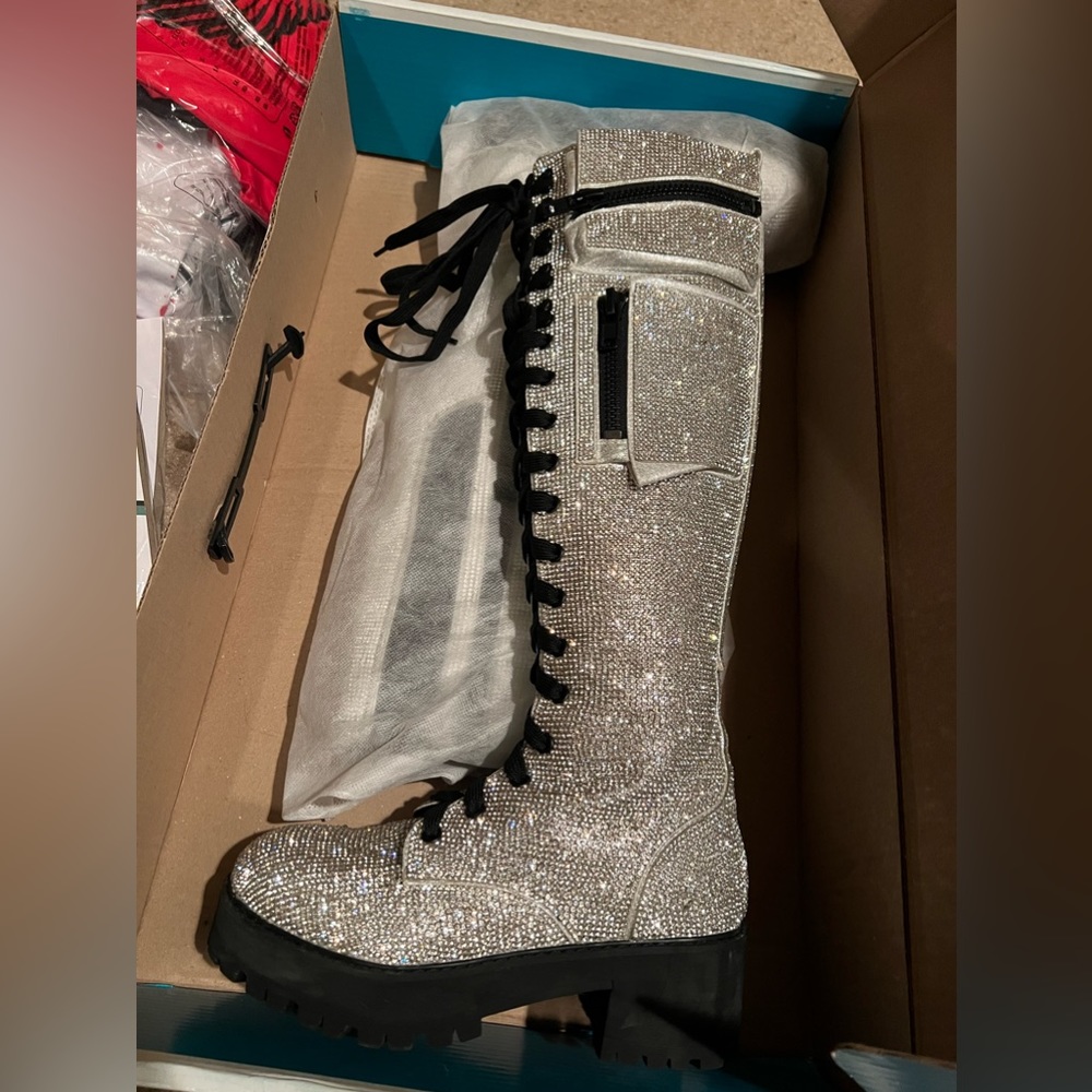 Club EXX Knee High Rhinestone Combat Boots